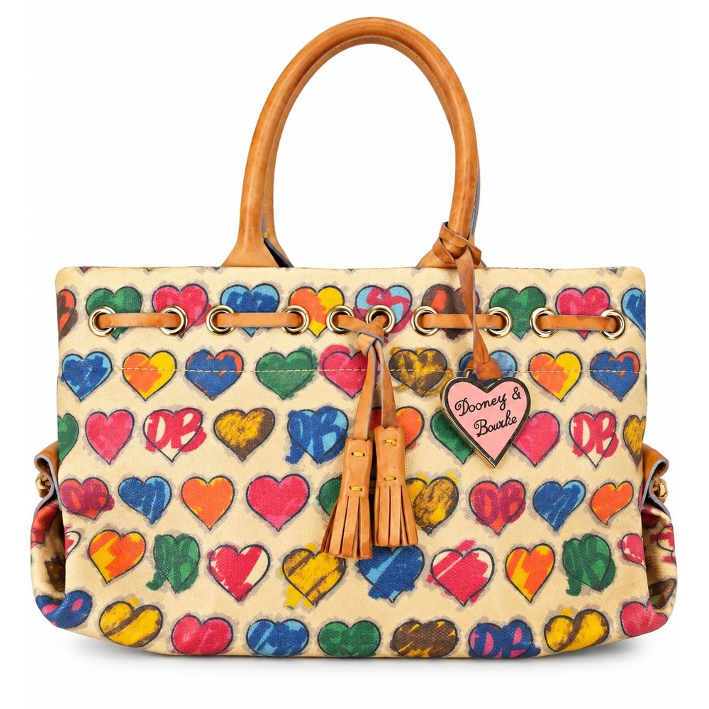 Dooney & Bourke Multi Color Heart Print Tote Bag Leather Trim Tassel Charm USA